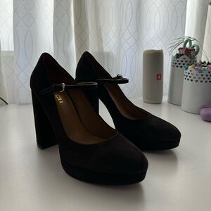 Coach Brown Suede Leather Platform Mary Jane Block Heels | size: 10